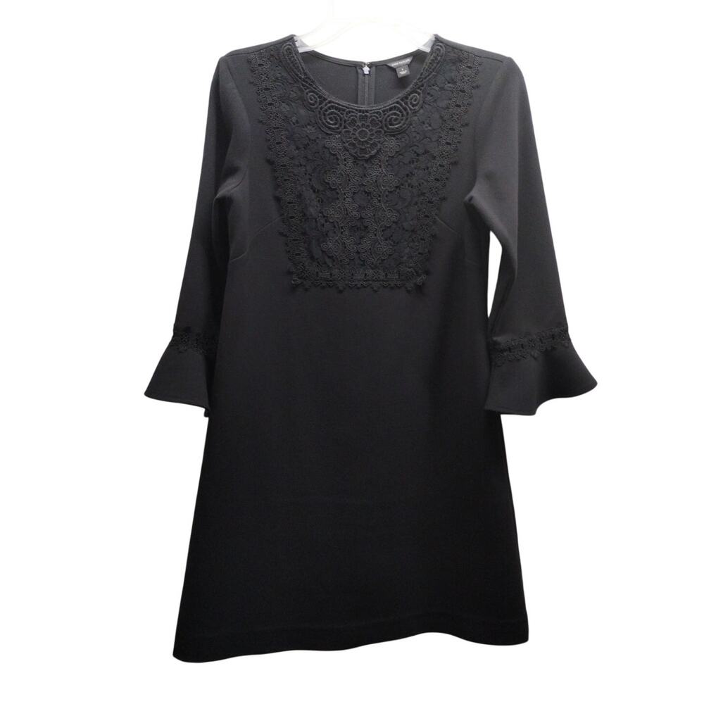Ann Taylor Sz 2 Black Flared Bell Sleeve Lace Bib A-Line Shift Knee-Length Dress